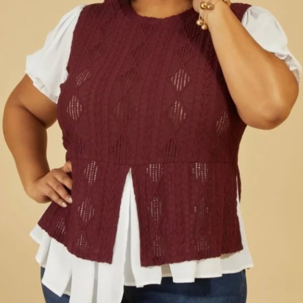 Ashley Stewart Layered Knit Stretch Shirt - Wine